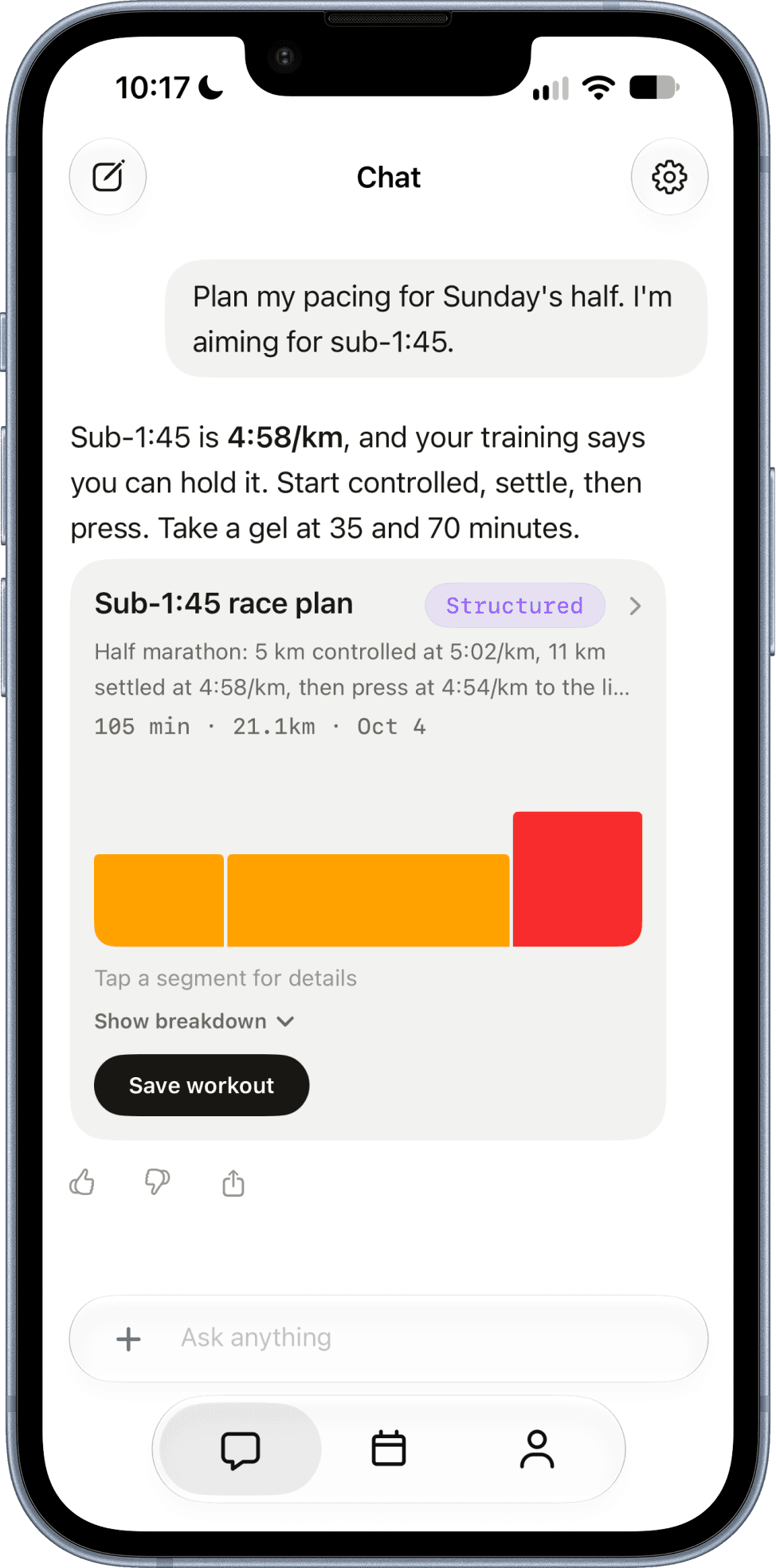 Paceboard sub-1:45 half marathon race plan split into controlled, settled, and press segments