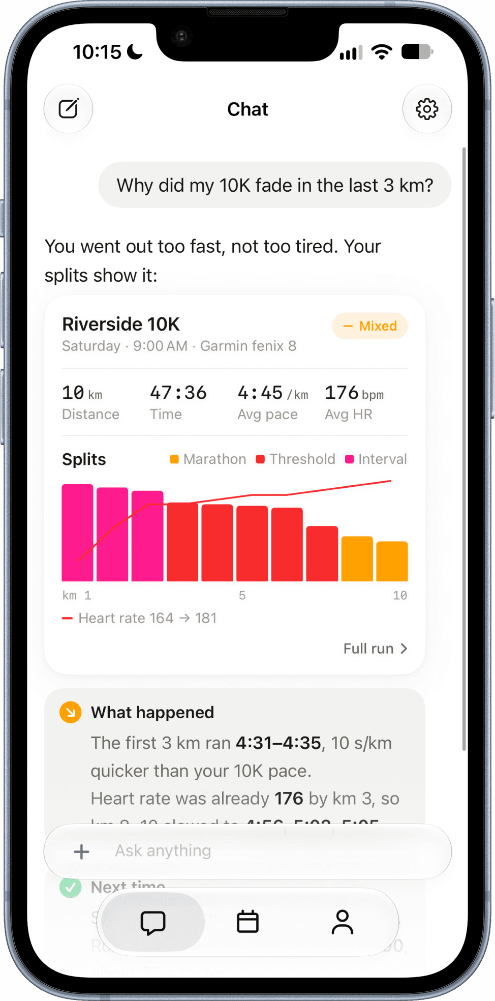 Paceboard chat explaining why a 10K faded, with split-by-split paces and a rising heart rate