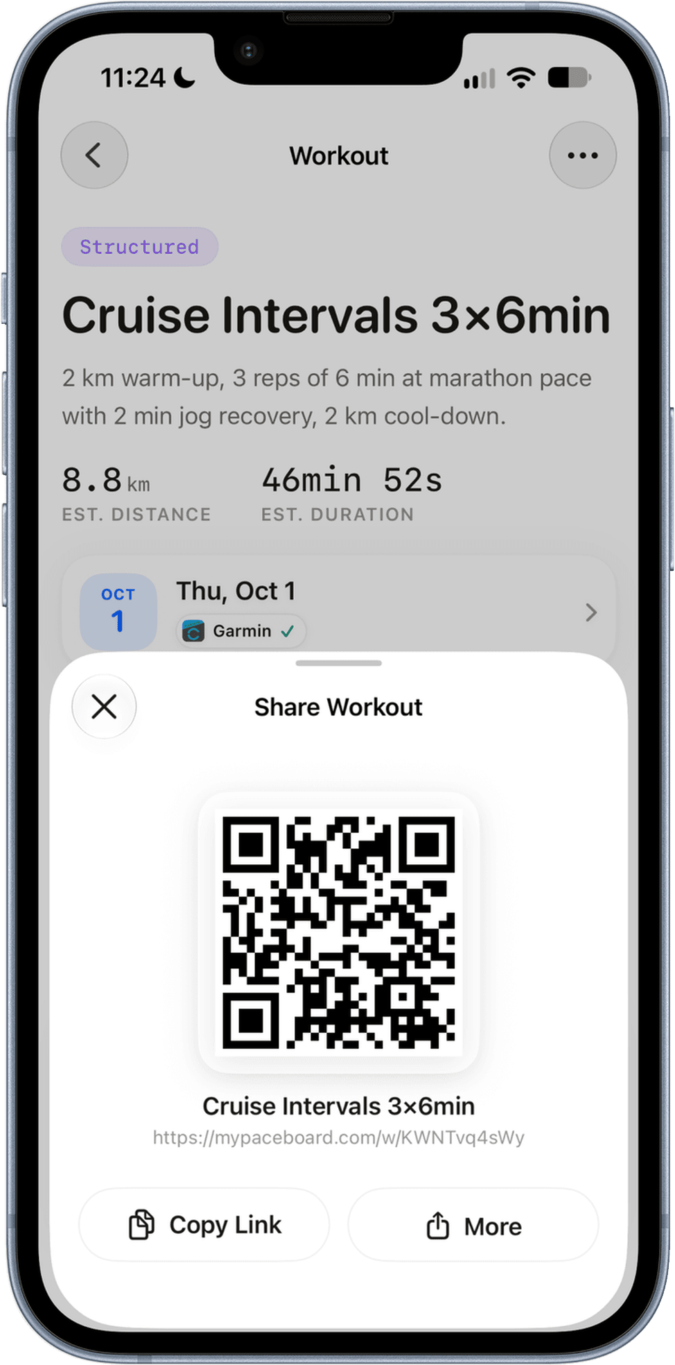 Paceboard share sheet showing a workout QR code and shareable link
