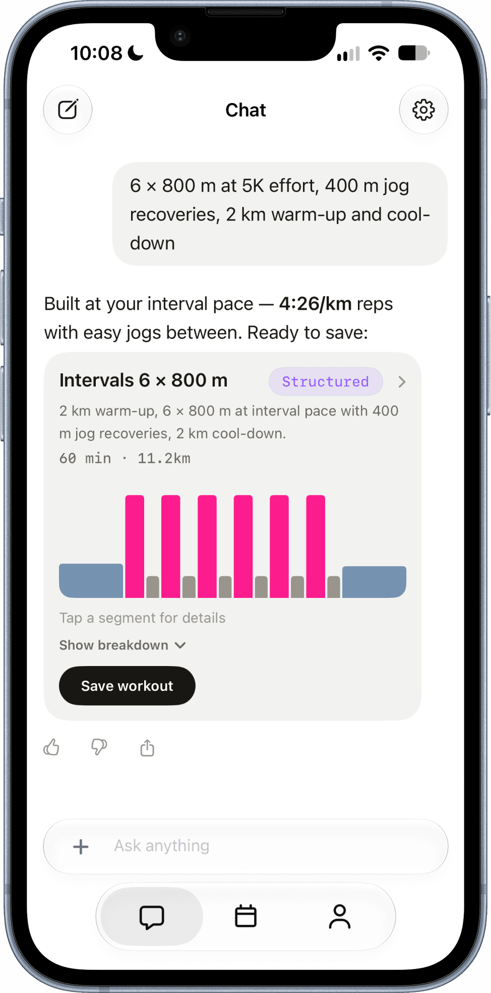 Paceboard chat turning a plain-English prompt into a structured 6 × 800 m interval session with pace targets